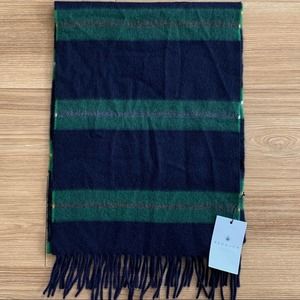 BEGG & CO Lambswool Angora Blend Navy and Green Striped Scarf FLAW